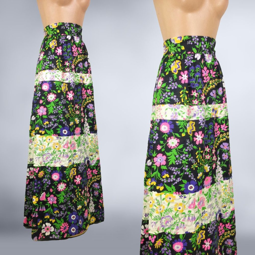 VINTAGE 70s Botanical Black & White Color Block Maxi Skirt with Sequins 27" Wais - Picture 2 of 8